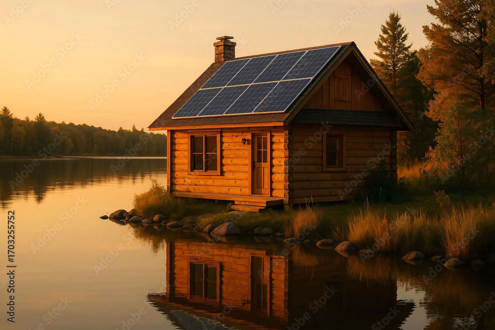 Fototapeta premium Cabin by the Lake at Sunset