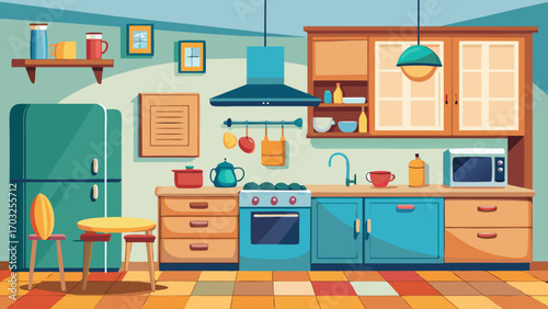 Vector art of a vibrant and inviting kitchen interior with colorful cabinets, appliances, and decor, creating a cozy and functional space for cooking and dining