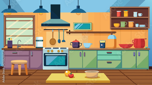 Vector art of a wellequipped kitchen with green cabinets, modern appliances, and a cozy atmosphere, perfect for culinary creations and family gatherings