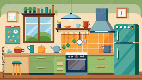 Vector art of cozy kitchen interior with furniture, appliances, and decor, creating a warm and inviting space for cooking and gathering with family and friends