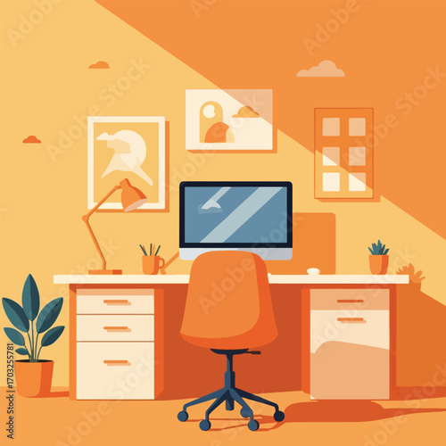 A bright and modern home office setup with a computer, desk, chair, and plants.