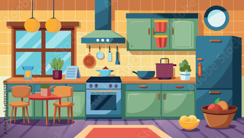 Vector art of cartoon kitchen interior with vibrant colors, featuring furniture, appliances, and cooking utensils for a cozy and inviting atmosphere