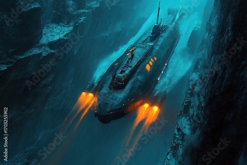 submarine with glowing orange thrusters racing through underwater canyon