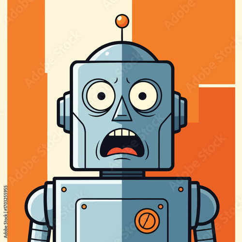 Cartoon robot with a shocked expression and open mouth against an orange and cream striped background, depicting surprise or alarm.