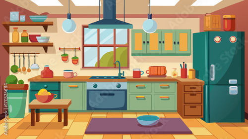 Vector art of colorful kitchen interior with modern appliances, cozy furniture, and decorative elements, creating a vibrant and inviting space for culinary adventures