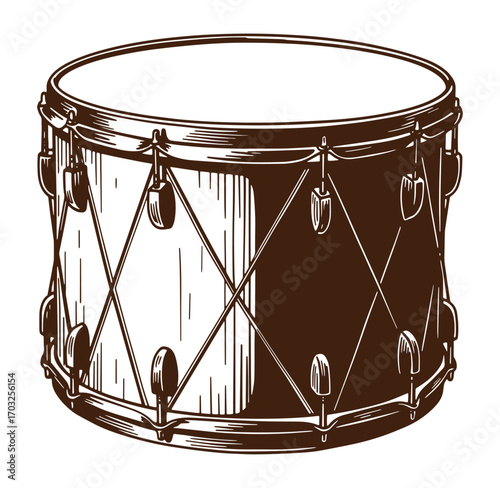 Detailed illustration of a vintage snare drum with a classic musical instrument design
