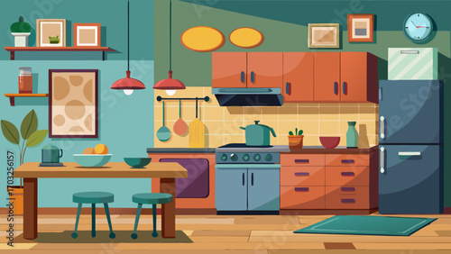 Vector art of cozy kitchen interior with wooden furniture, cooking utensils, and decor, creating a warm and inviting atmosphere for culinary activities and family gatherings