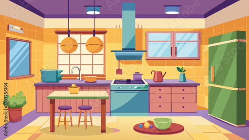Vector art of colorful kitchen interior with modern appliances, cozy furniture, and vibrant decor, creating a cheerful and functional space for cooking and dining