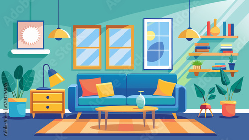 Vector art of stylish living room interior with comfortable sofa, decorative pillows, and vibrant plants, creating a relaxing and inviting space for leisure and entertainment