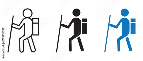 Hiker with backpack icon. and hiking pole isolated on white background.