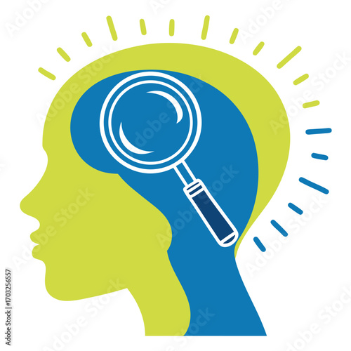 Brain with magnifying glass representing mental focus and analysis of thoughts.