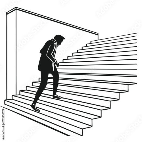 Man climbing stairs, symbolizing ambition and upward movement.