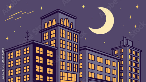 Cityscape at Night with Illuminated Buildings and Crescent Moon.