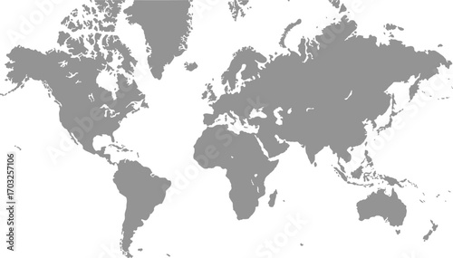 Obraz na płótnie Grey color world map Grayscale, isolated on white background for website layouts, background, education, precise, customizable, Travel worldwide, map silhouette backdrop, earth geography
