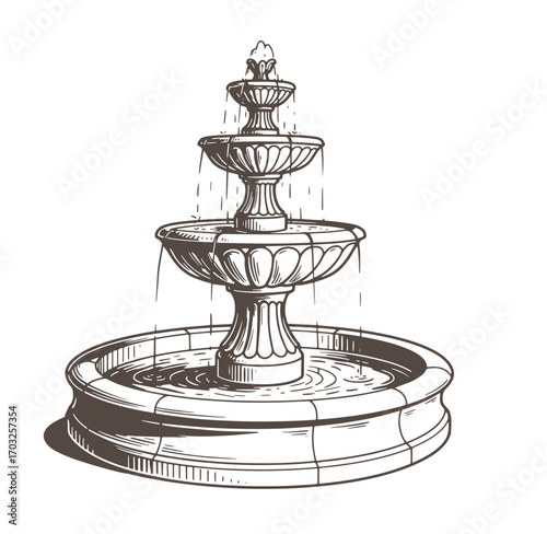 Detailed vintage engraving of a tiered water fountain with flowing water for design
