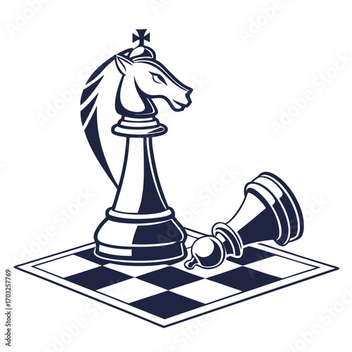 Chess Knight Victory Over Fallen King on Checkered Board.