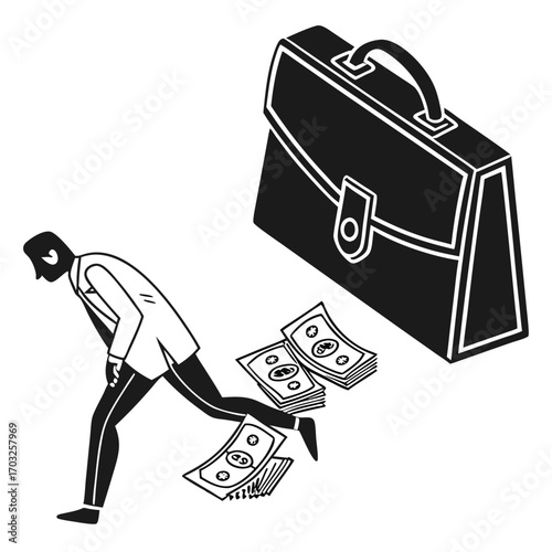 Businessman running away from money with briefcase in pursuit of wealth.