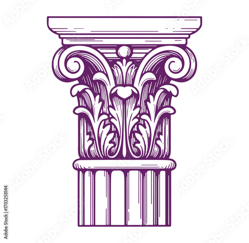 Detailed vintage vector illustration of a classical architectural ionic column capital