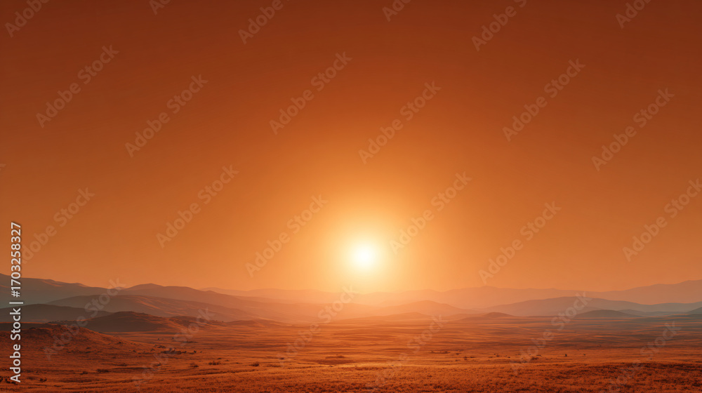 Obraz premium empty grassland stretching to horizon with rich orange sunset light, subtle color gradient in clear sky, minimalist evening landscape with lots of blank space