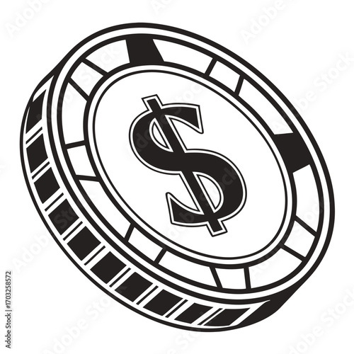 Black and white illustration of a casino chip with a dollar sign.