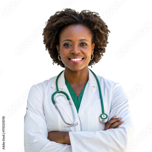 Confident black female doctor mid 30s professional portrait with stethoscope and lab coat
