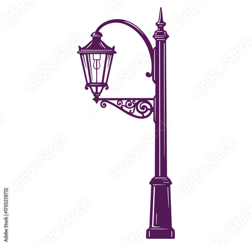 Elegant decorative vintage street lamp illustration in a clean purple silhouette design