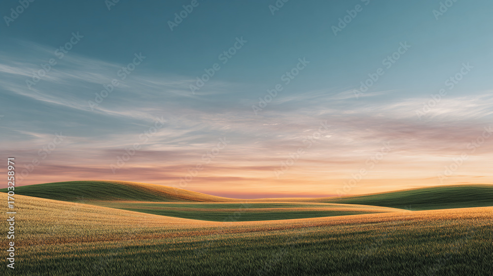 Fototapeta premium expansive field bathed in soft warm sunset tones, clear sky with smooth gradient, clean minimal summer twilight composition with negative space
