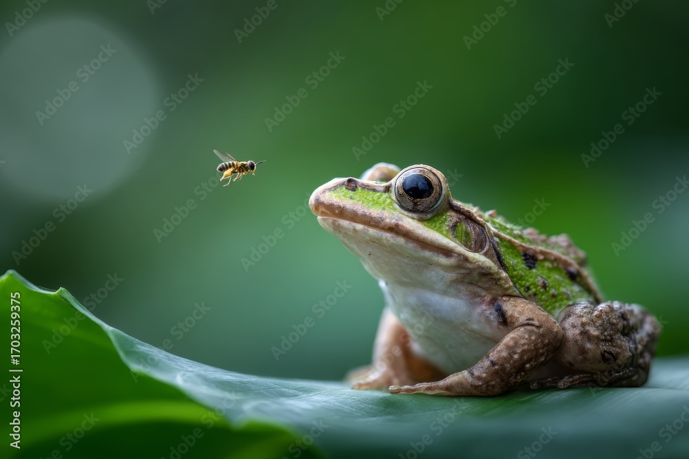 Fototapeta premium Frog's Perch and a Passing insect: A close-up, eye-level shot of a curious frog, perched serenely on a large, vibrant leaf, fixated on a small flying insect, portraying nature's delicate balance.