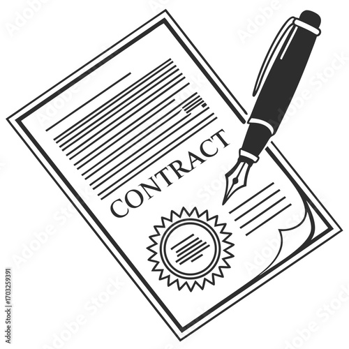 Contract document with fountain pen signing agreement, legal paperwork.
