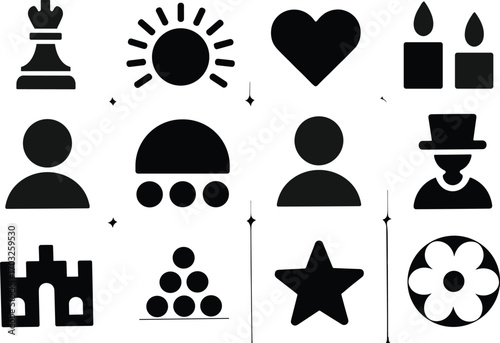 Minimal black icon set featuring people, buildings, heart, star, symbols, user avatars, chess piece, perfect for graphic design