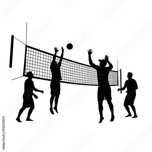 Silhouettes of Players Jumping, Beach Court, Sport Illustration, Energetic Environment, Side View, Team Competition
