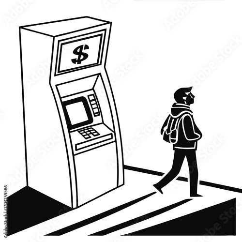 Man walking near ATM machine, ready to withdraw money.