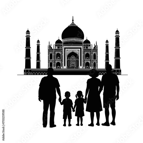Family Silhouette at Taj Mahal, Iconic Landmark, India, Illustration, Cultural Heritage, Evening View, Family Bonding