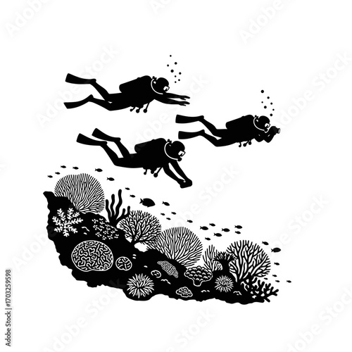 Divers Exploring Coral Reefs in Tropical Waters, Illustration of Marine Life and Ecosystem