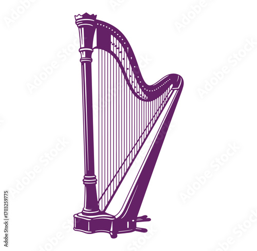 Elegant purple harp illustration a classical musical instrument on a white background