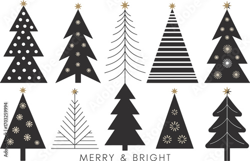 Modern black Christmas tree illustration set with gold stars, abstract holiday design, minimalist style, greeting card, festive decor