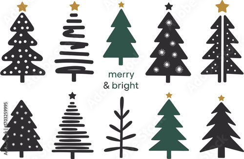 Modern black Christmas tree illustration set with gold stars, abstract holiday design, minimalist style, greeting card, festive decor