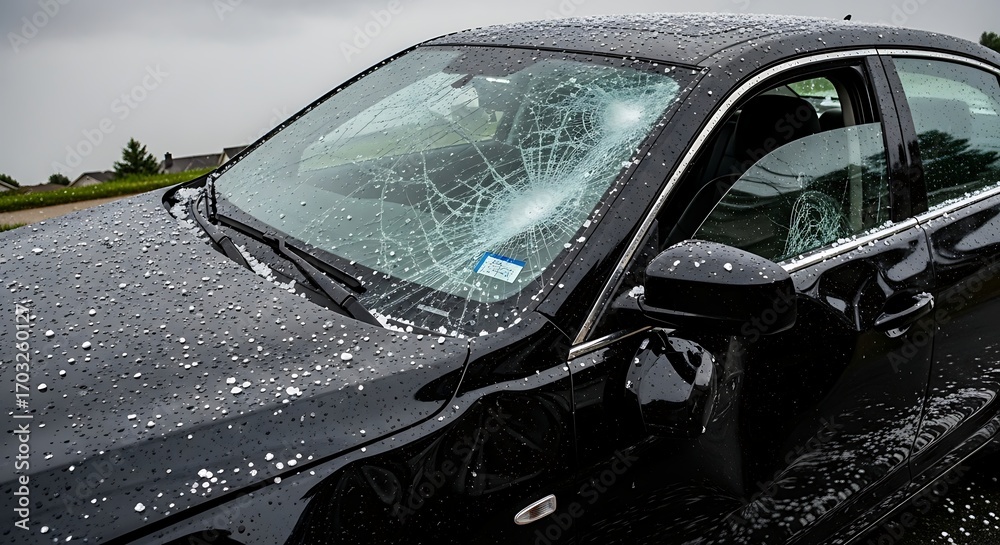 Obraz premium Damaged black car with shattered windshield after an accident on the road.