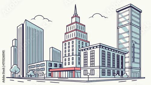Urban cityscape featuring modern skyscrapers and architectural designs.