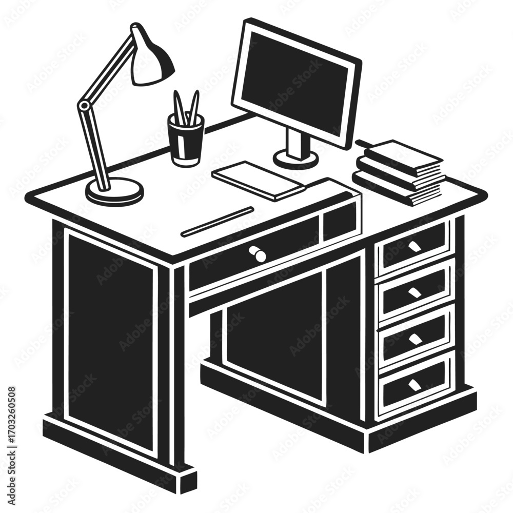 Illustration of a Desk with Computer and Lamp.