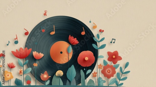 Vinyl record with flowers and music notes for album cover or artwork