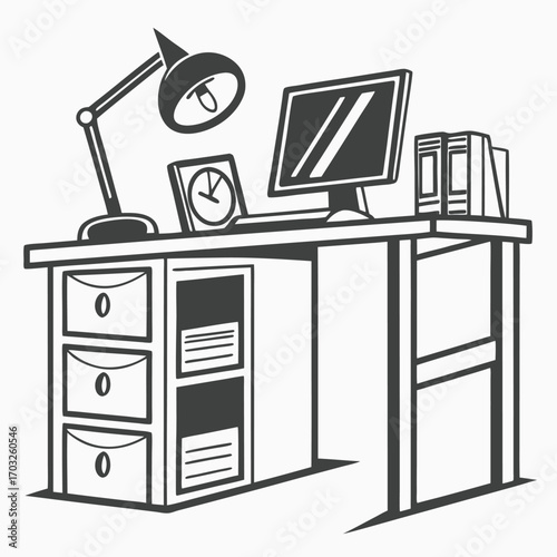 Monochromatic illustration of a classic office desk setup.