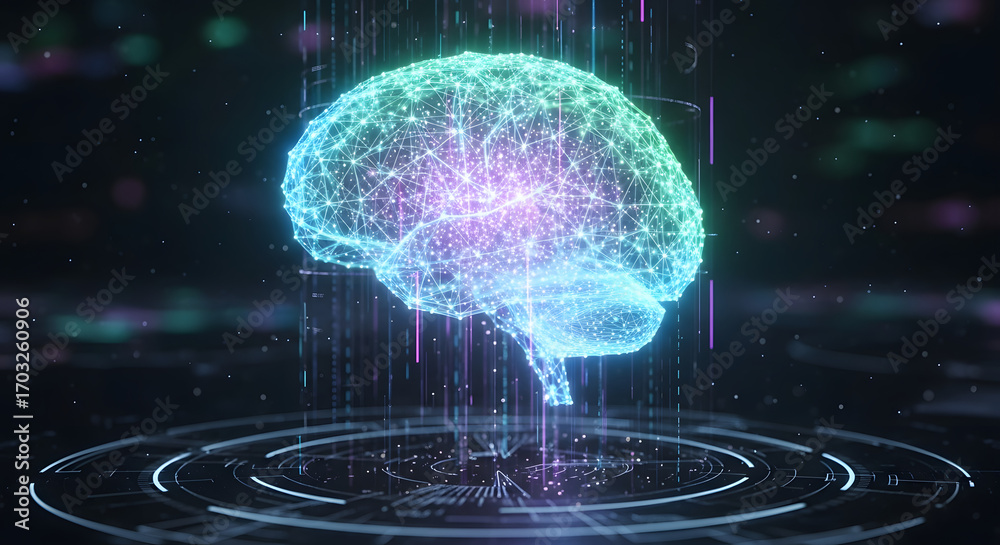 Obraz premium Conceptual visualization of a holographic human brain representing artificial intelligence, machine learning, and neuroscience technology