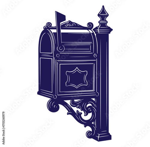 Elegant vector illustration of a classic blue mailbox mounted on ornate decorative post