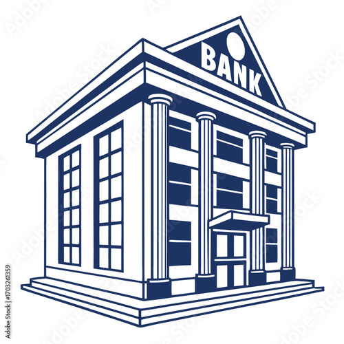 Classic bank building with pillars and BANK sign, financial institution.
