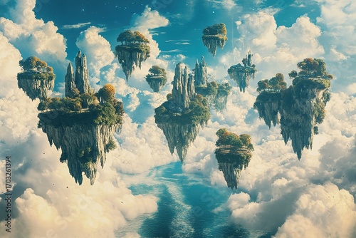 surreal dreams of a river flowing through a sky full of floating islands