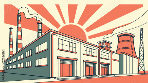 Industrial factory building with smokestacks and cooling tower.