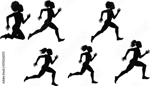 Female athlete silhouette running in various poses, fitness woman sprinting, workout exercise, black vector illustration, dynamic sports movement, speed