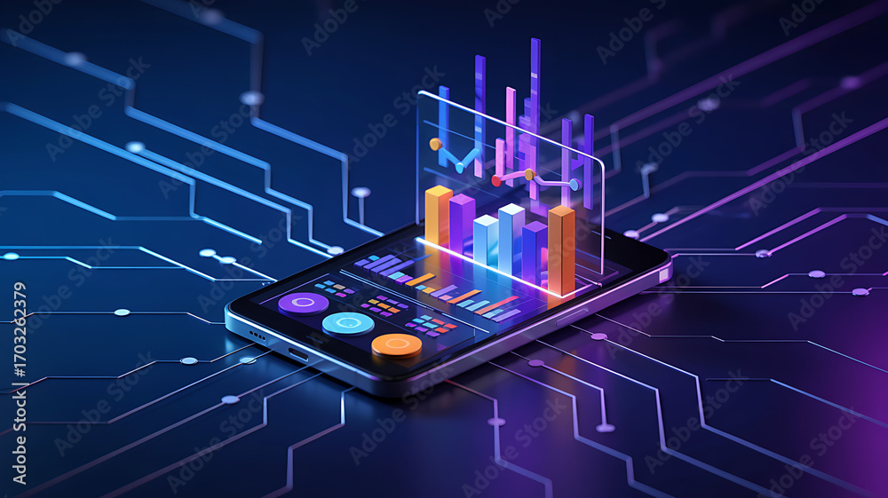 Fototapeta premium Dynamic mobile analytics dashboard visualizes financial growth on glowing circuit board