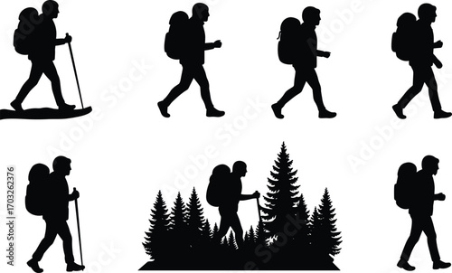 Hiking man silhouette, trekking with backpack, forest adventure vector, outdoor walking illustration, mountain explorer design, nature travel, wilderness journey art.